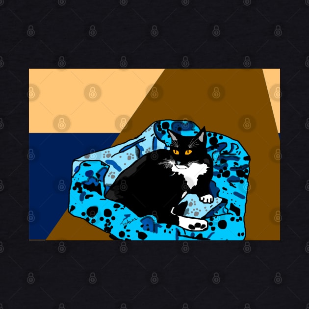 Cute Tuxedo cat laying in a paw print bed by TeAnne